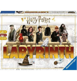 Harry Potter Labyrinth Brettspiel-Box mit Figuren und magischen Wesen auf einem beweglichen Labyrinth.