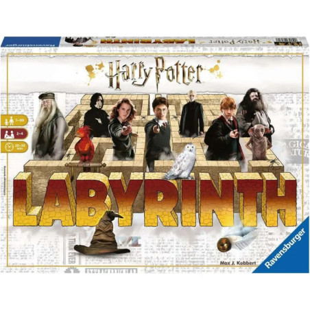 Harry Potter Labyrinth Brettspiel-Box mit Figuren und magischen Wesen auf einem beweglichen Labyrinth.