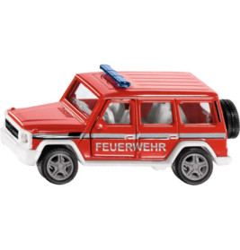 Rotes Feuerwehr-Spielzeugauto (SUV) mit FEUERWEHR-Schriftzug und blauem Dachlicht, seitliche Ansicht.