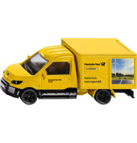 Gelber DHL-Spielzeugtransporter mit GoGreen-Logo und Windrad-Motiv an der Seite.
