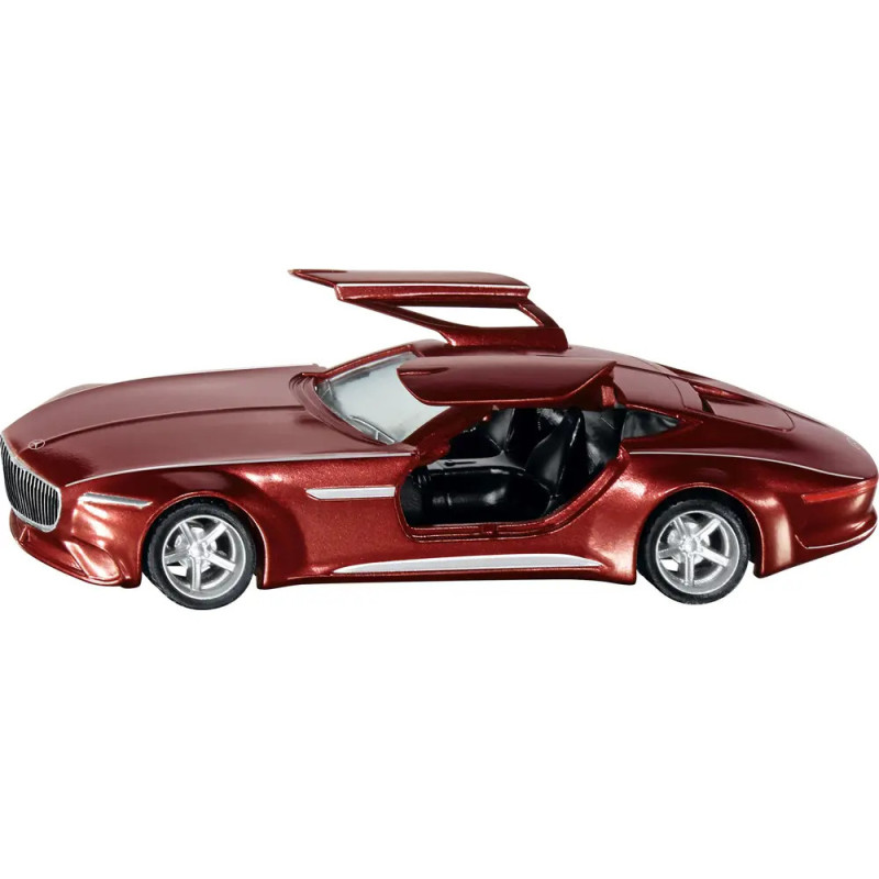 Rotes Spielzeugauto mit geöffneten Flügeltüren und schwarzem Innenraum, seitlich betrachtet. Rotes Spielzeugauto mit geöffneten Flügeltüren und schwarzem Innenraum, seitlich betrachtet.