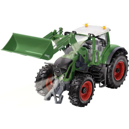 Grüner Spielzeugtraktor mit Frontlader, roten Rädern und funktionierenden Lichtern, schräg positioniert.