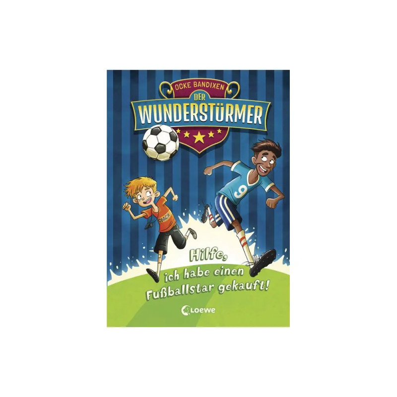 Zwei gezeichnete Jungen spielen auf einem Buchcover Fußball deutscher Text zum Kauf eines Fußballstars ist zu sehen.