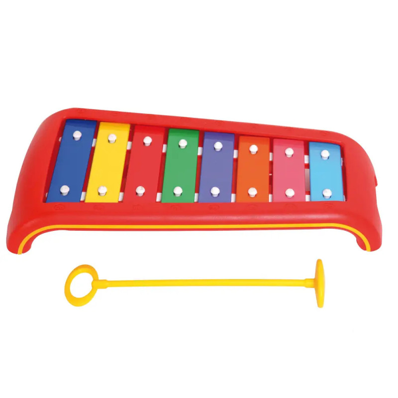 Buntes Kinderxylophon mit gelbem Schlägel darunter auf weißem Hintergrund. Buntes Kinderxylophon mit gelbem Schlägel darunter auf weißem Hintergrund.