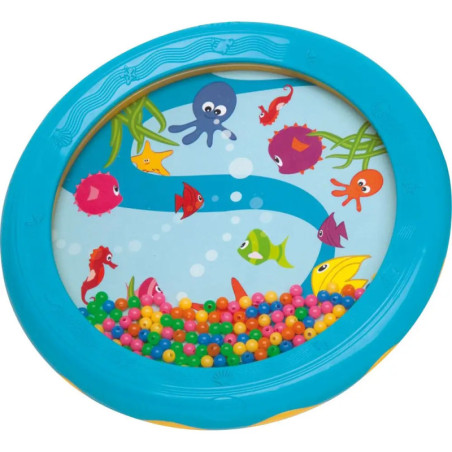 Blaues Spielzeug mit bunten Fischen, Meerestieren, mehrfarbigen Perlen und Unterwasserdesign.